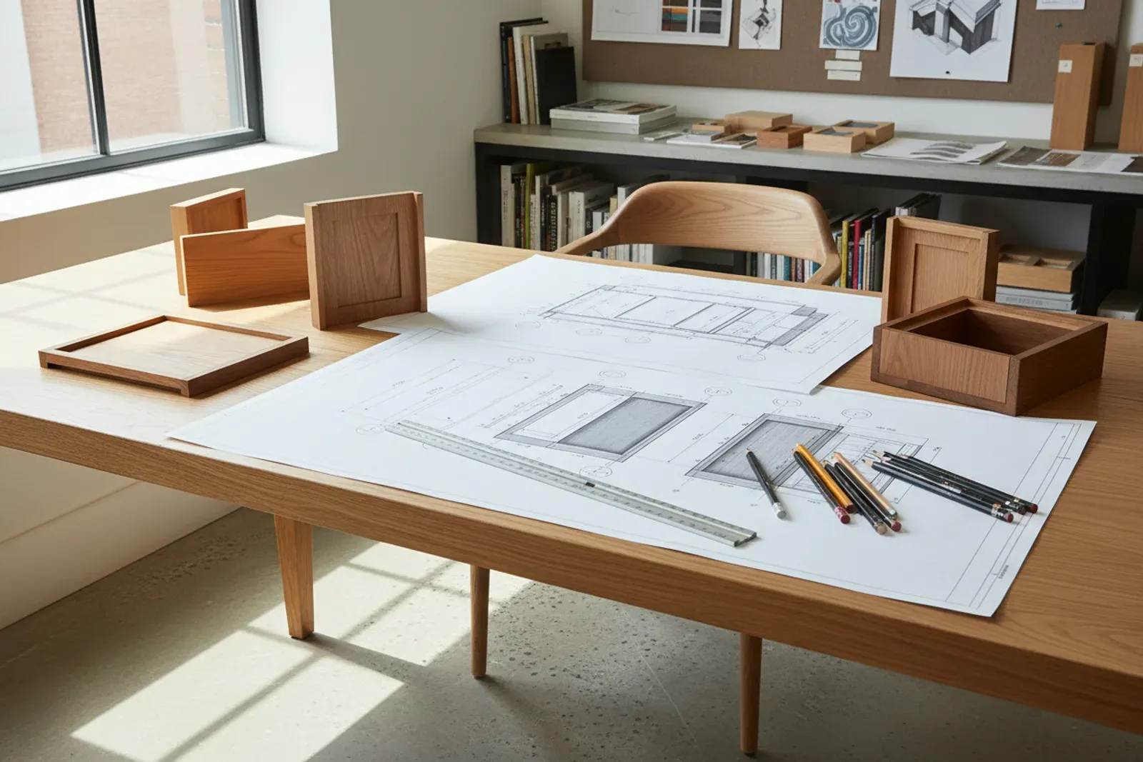 Design studio desk with printed cabinet elevations, a scale ruler and pencils laid out