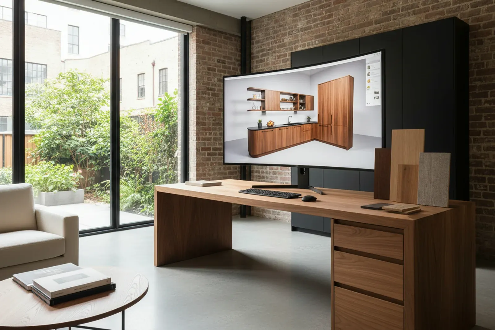 Large monitor on a studio desk showing a three dimensional cabinet rendering, wood samples beside it