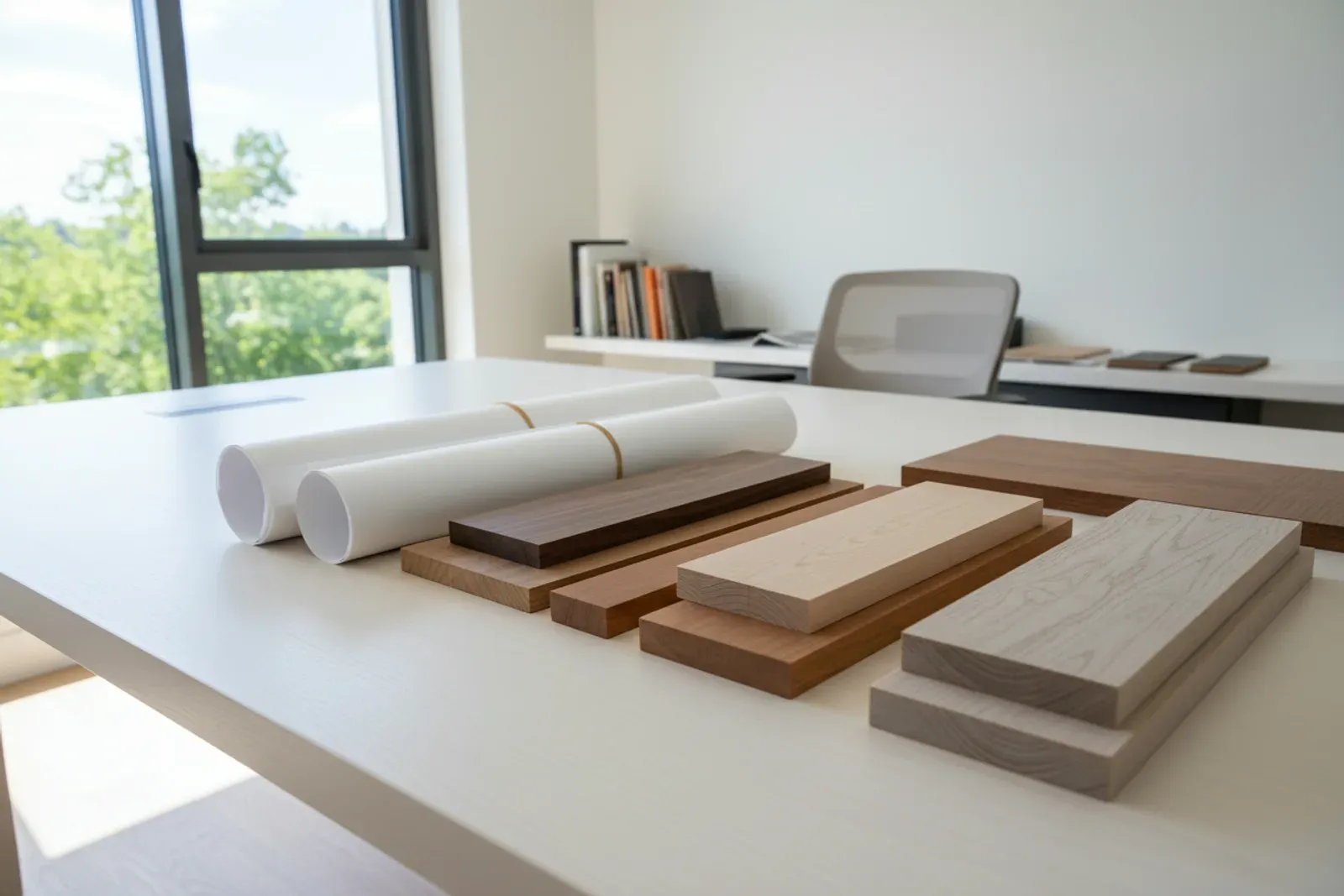 Rolled architectural drawings and stacked wood finish samples on a bright worktable