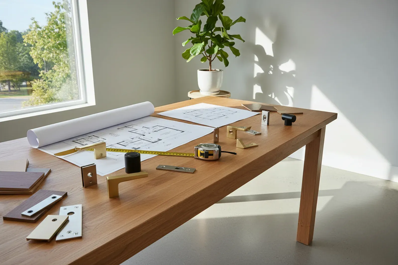 Designer worktable with a floor plan, a tape measure and door hardware samples