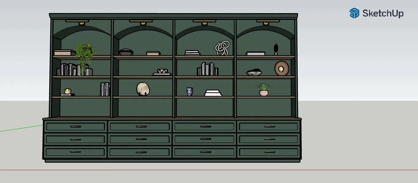 3D SketchUp rendering of a green built-in bookcase and drawer wall before construction