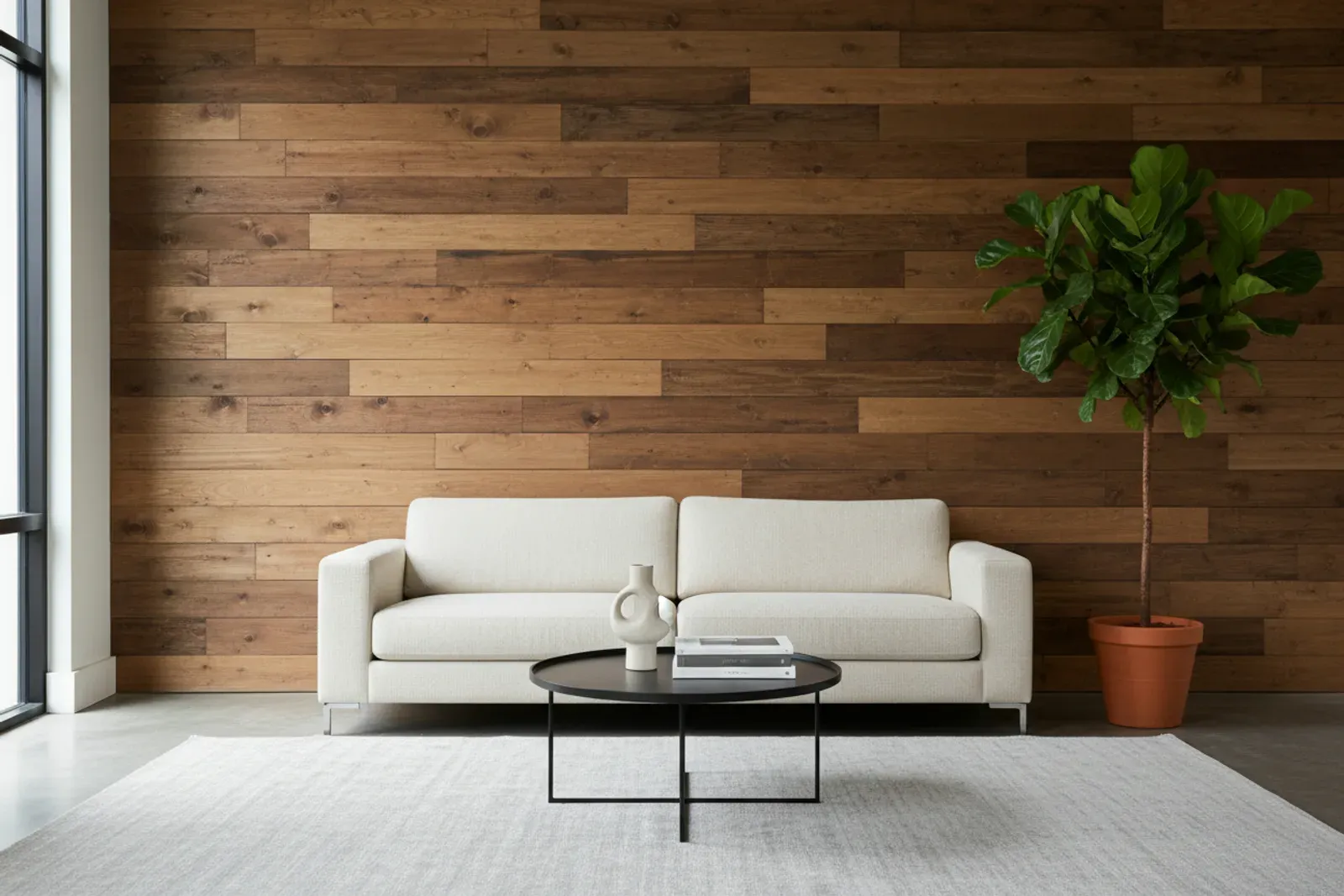 Living room accent wall clad in horizontal stained wood planks behind a low sofa