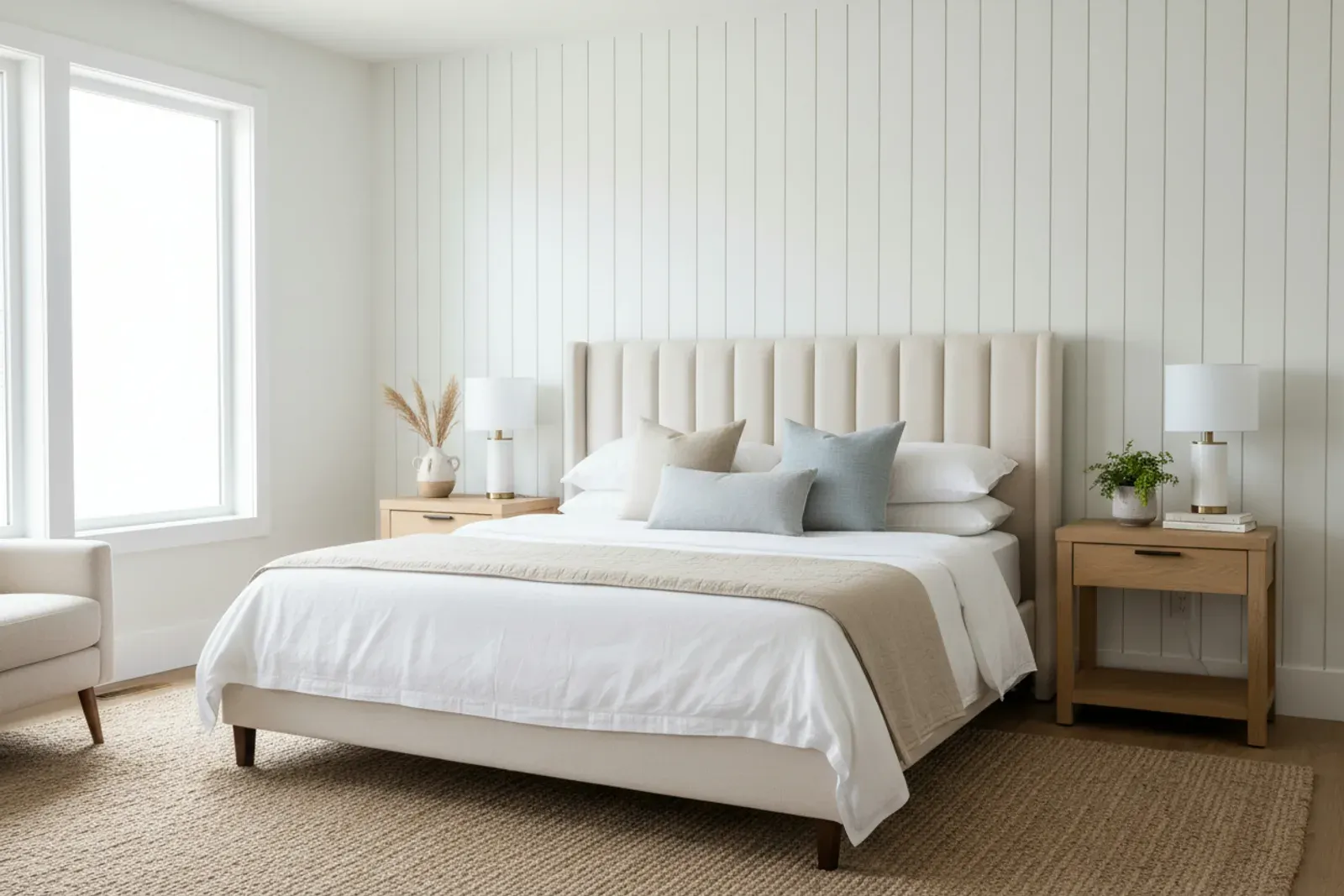 Bedroom accent wall of vertical white painted slats behind an upholstered headboard