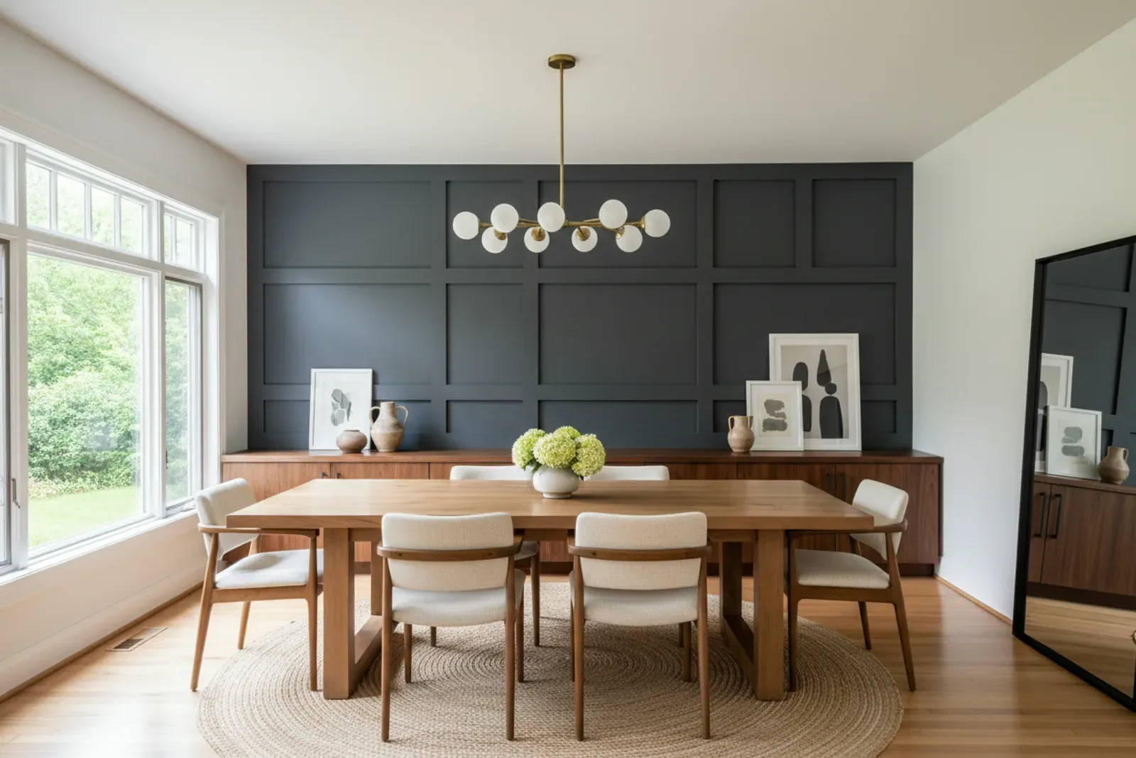 Dining room accent wall of dark painted picture frame molding