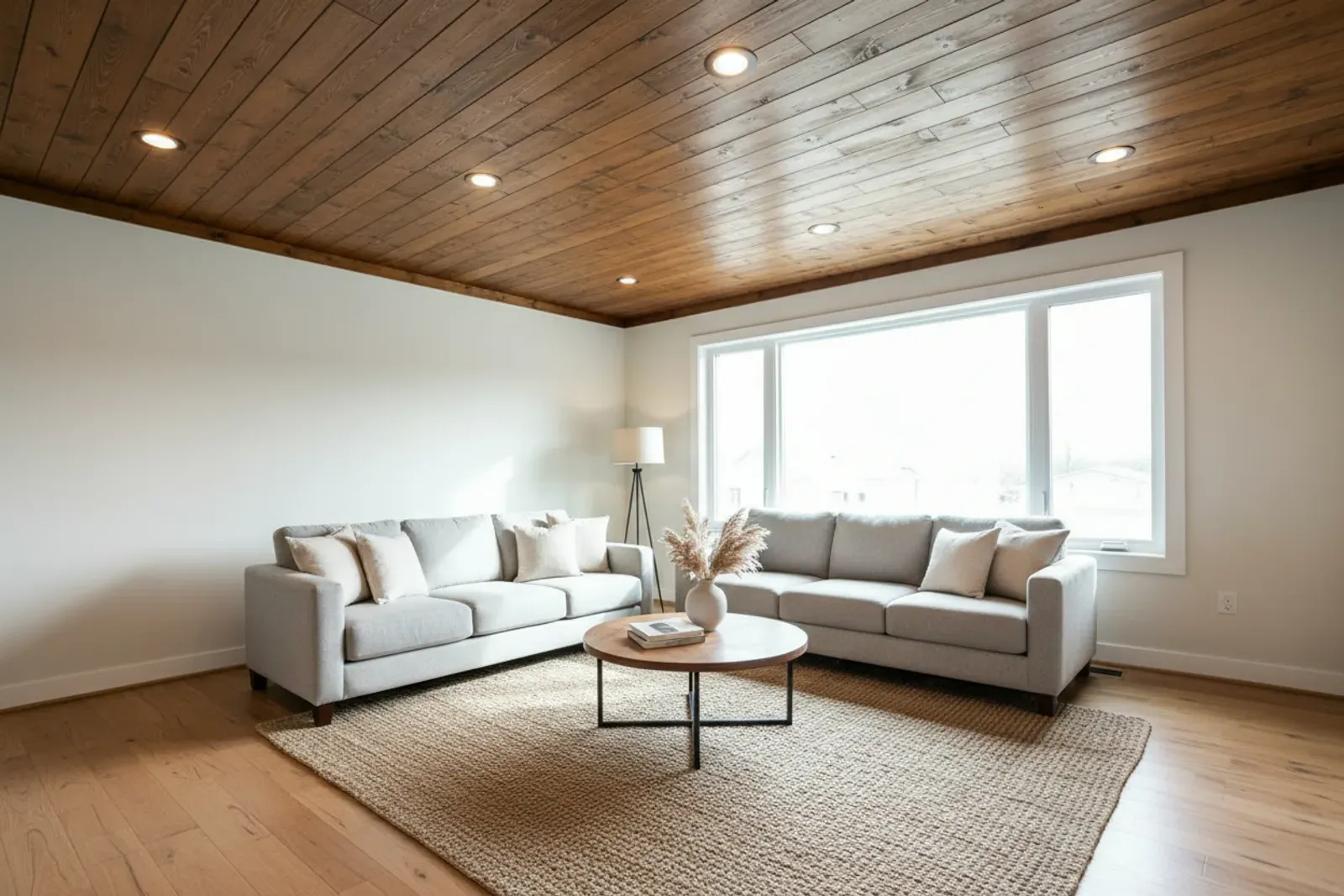 Living room ceiling finished in stained wood planking with recessed lights