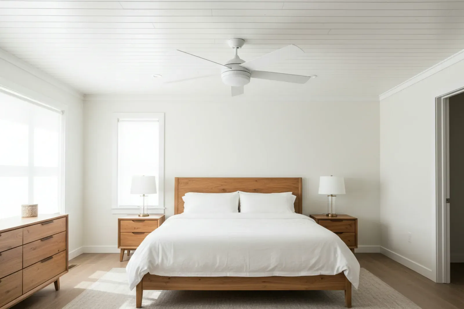 Bedroom ceiling of white painted planking with a ceiling fan