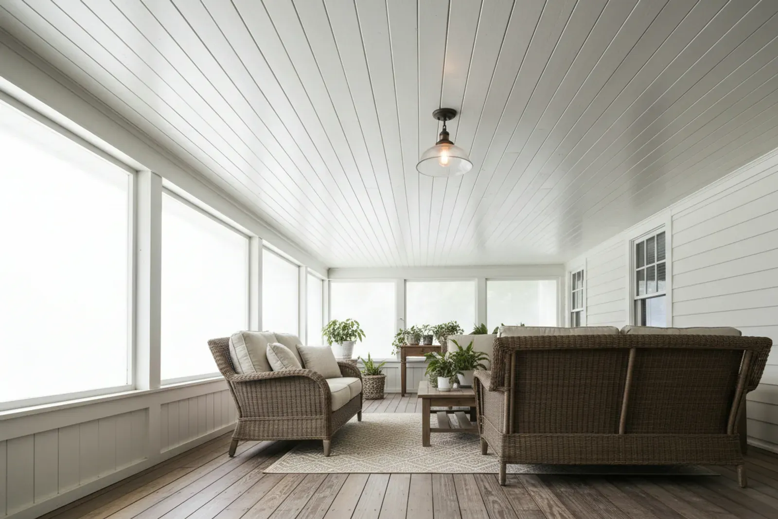 Covered porch ceiling of painted tongue and groove boards with a pendant light