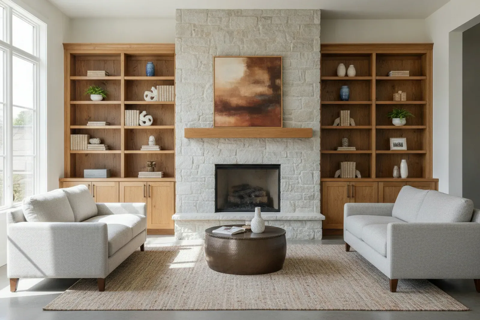 Living room with built-in cabinets and shelving flanking a fireplace in warm stained oak