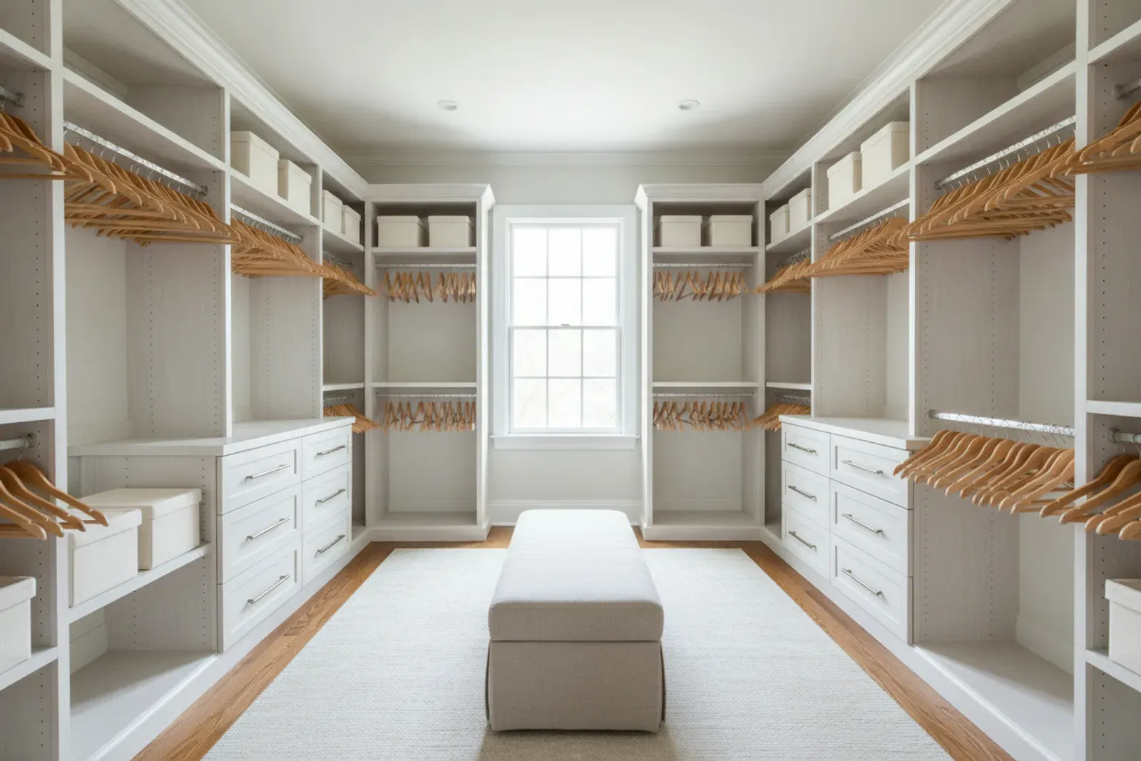 Walk-in closet of wood shelving, hanging rods and drawer banks painted soft white
