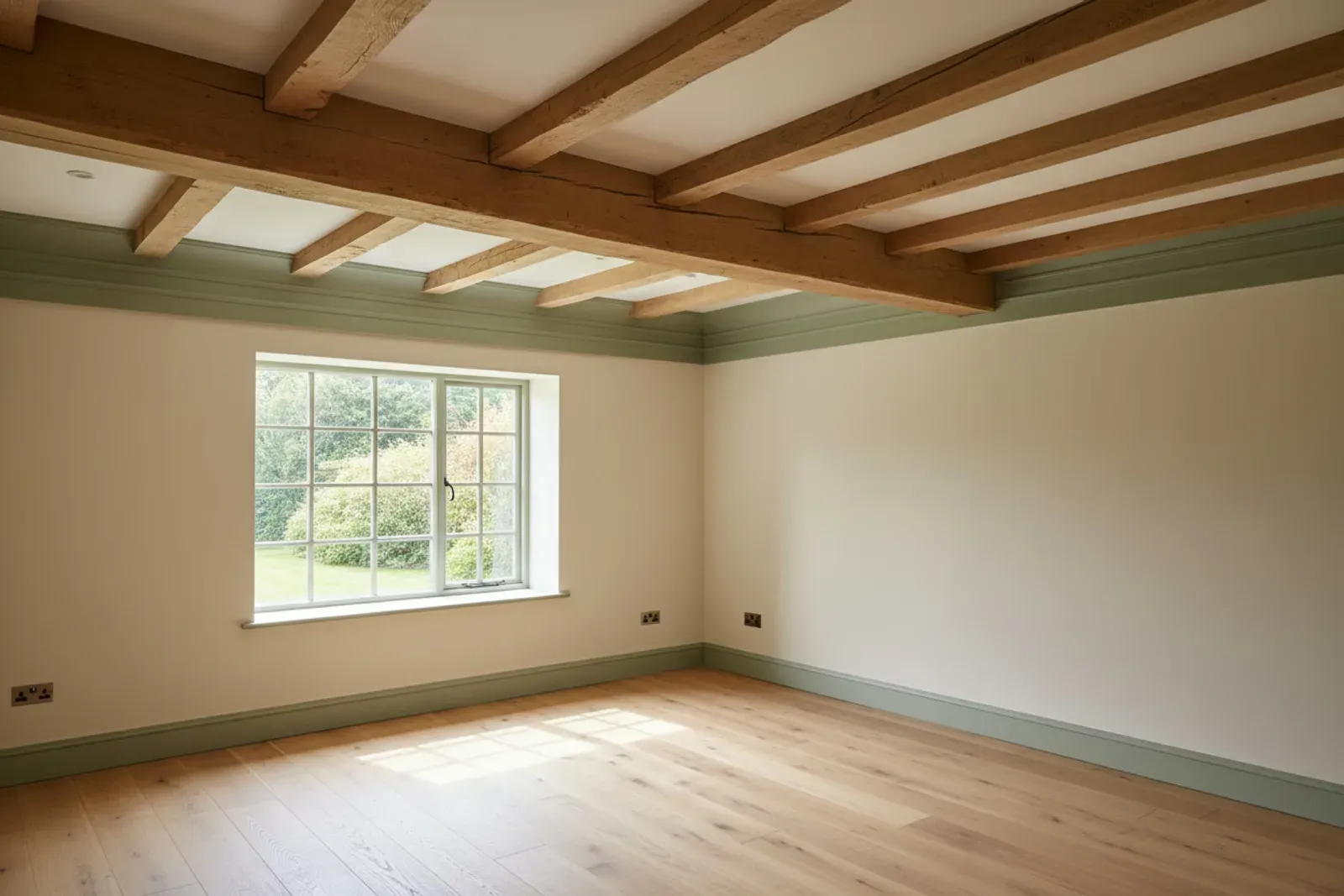 Room with wood ceiling beams and layered crown molding in painted sage green