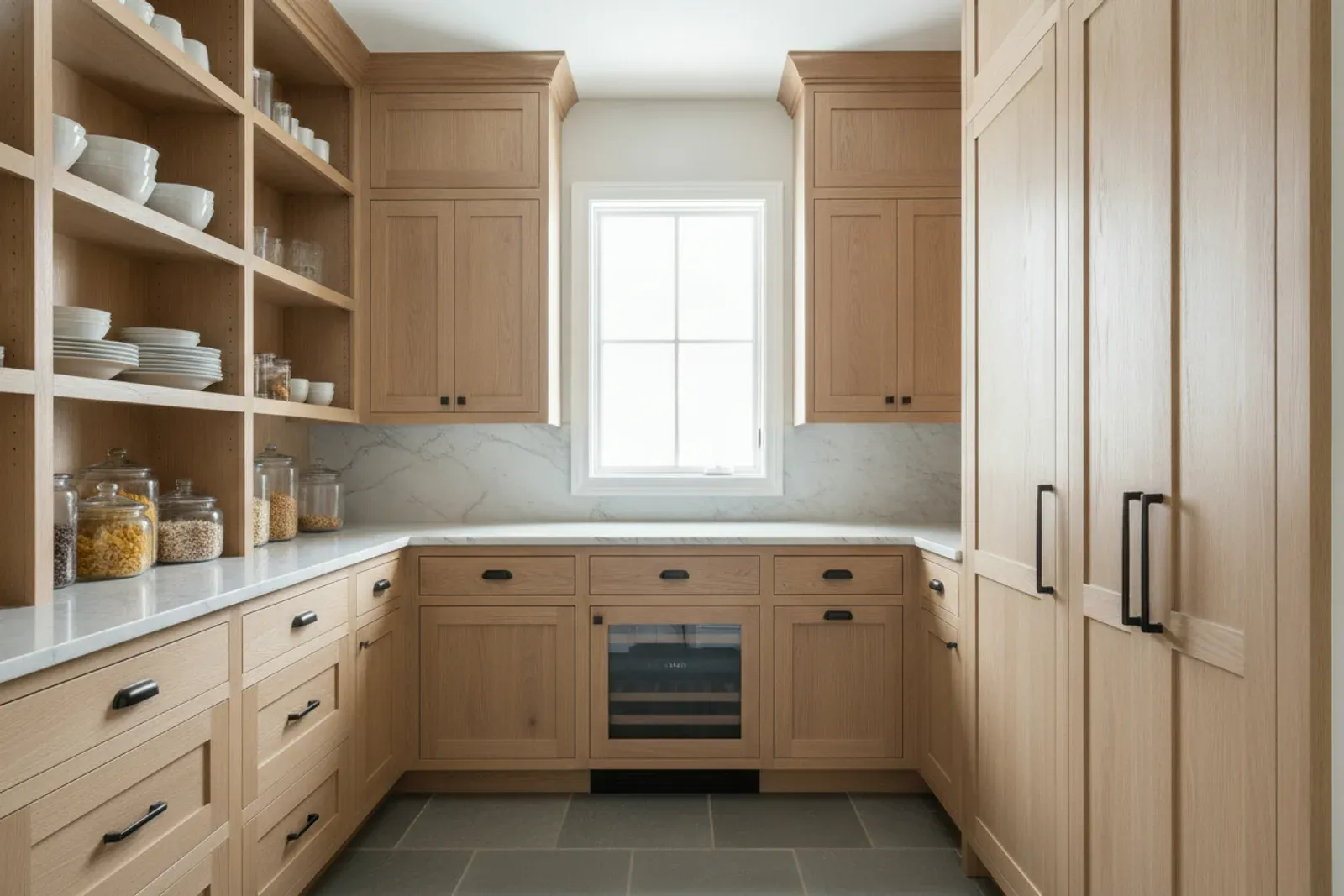 Butler pantry of floor to ceiling wooden shelving and cabinets in white oak with black hardware