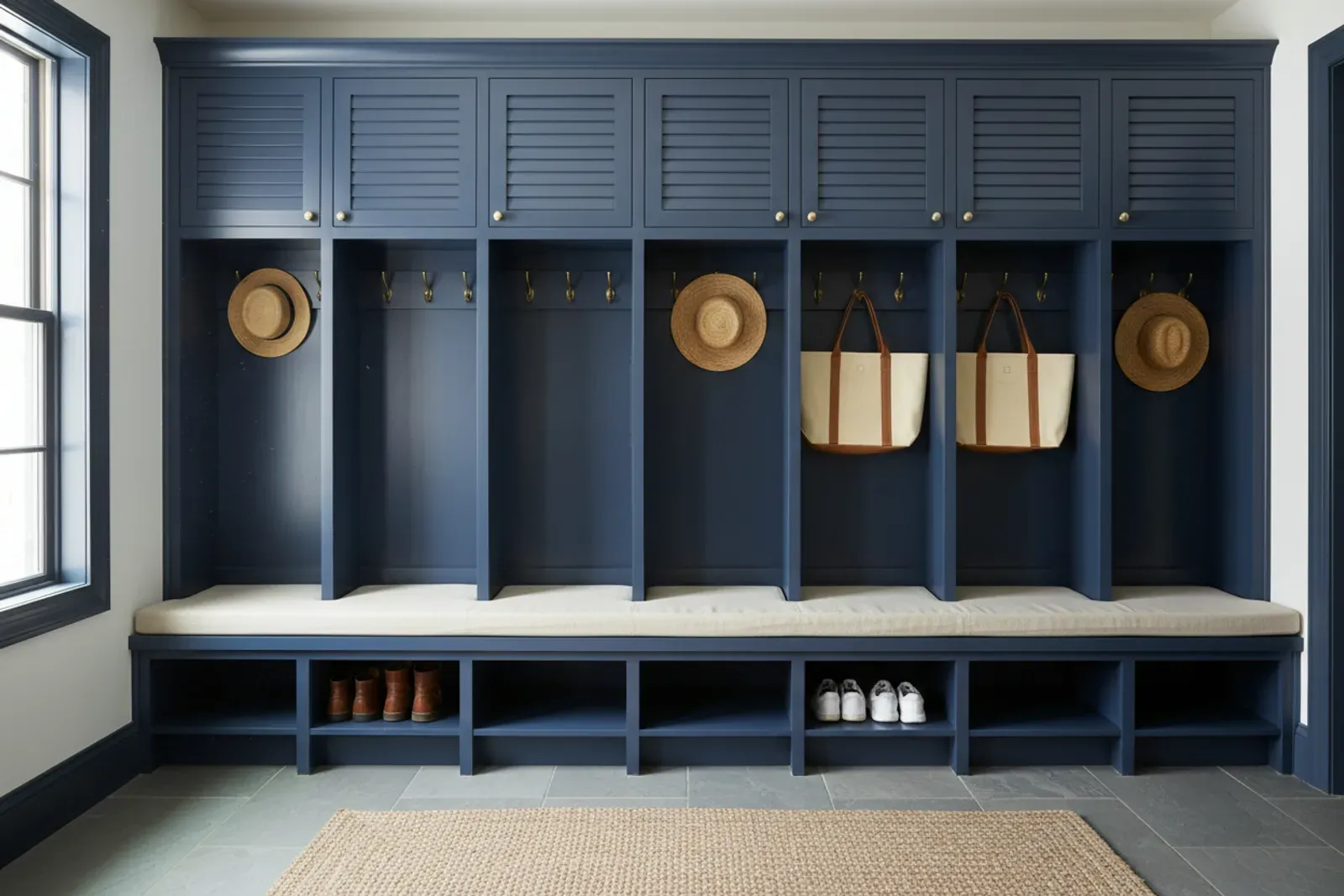 Mudroom of built-in wooden lockers with a bench and coat hooks in painted navy with brass hardware