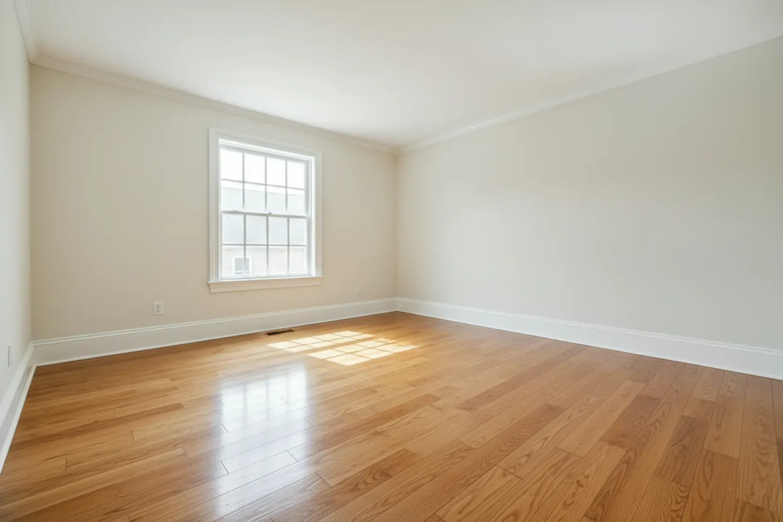 Tall painted baseboard running around a bright empty room above wood flooring