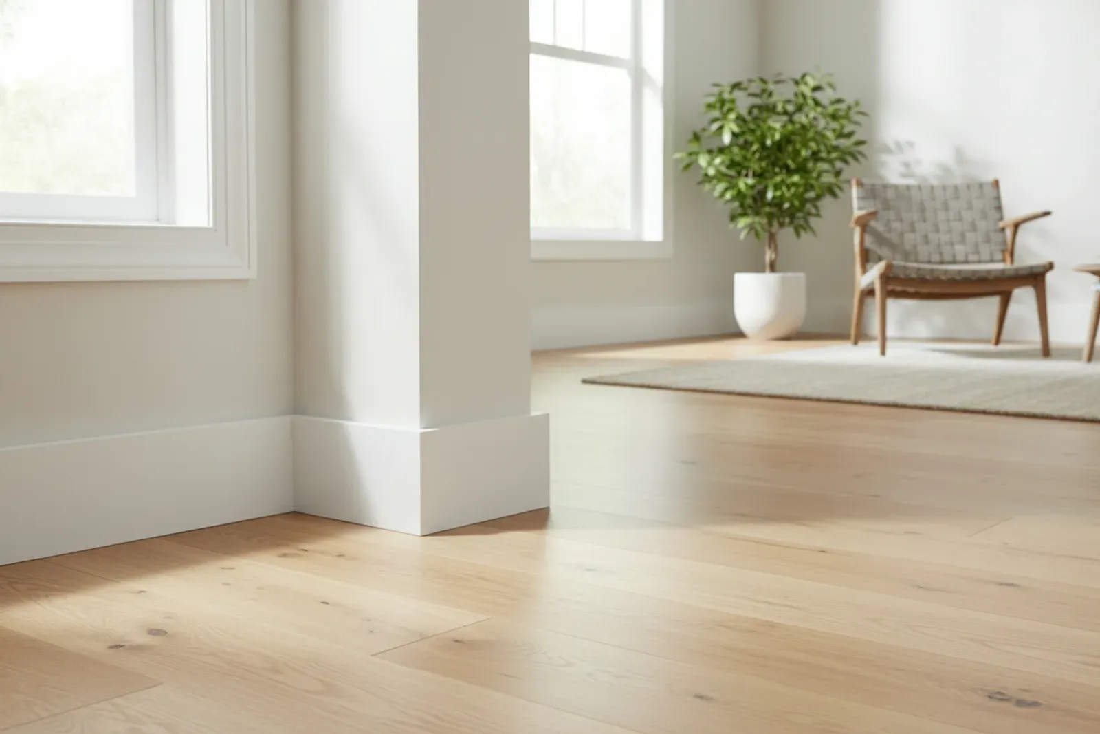 Corner where wide white baseboard meets pale oak flooring in a sunlit room