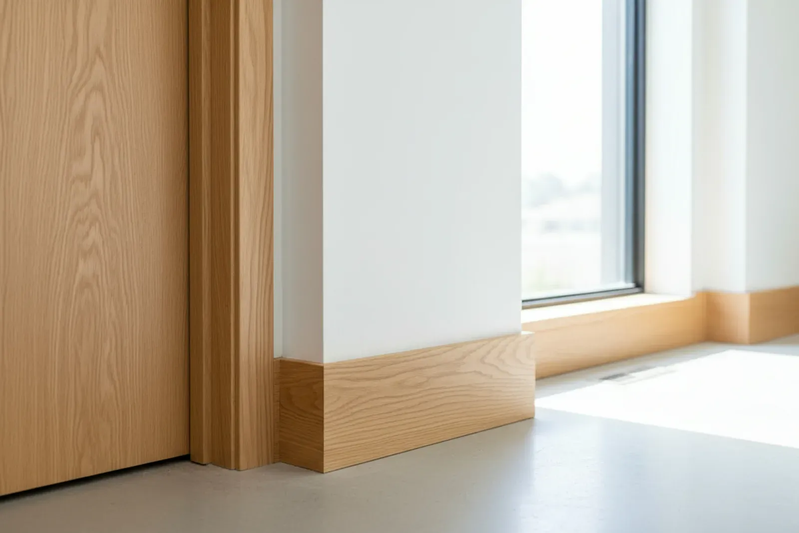 Baseboard and door casing meeting at a plinth block in a bright hallway