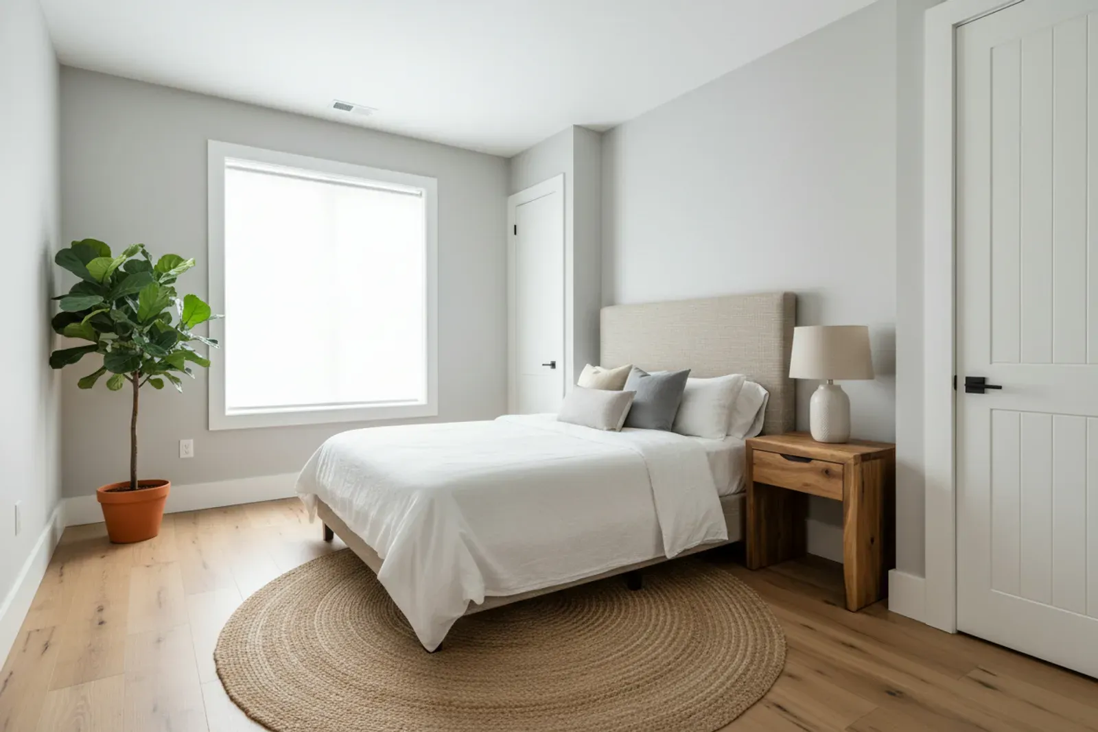 Bedroom with tall painted baseboard below soft grey walls