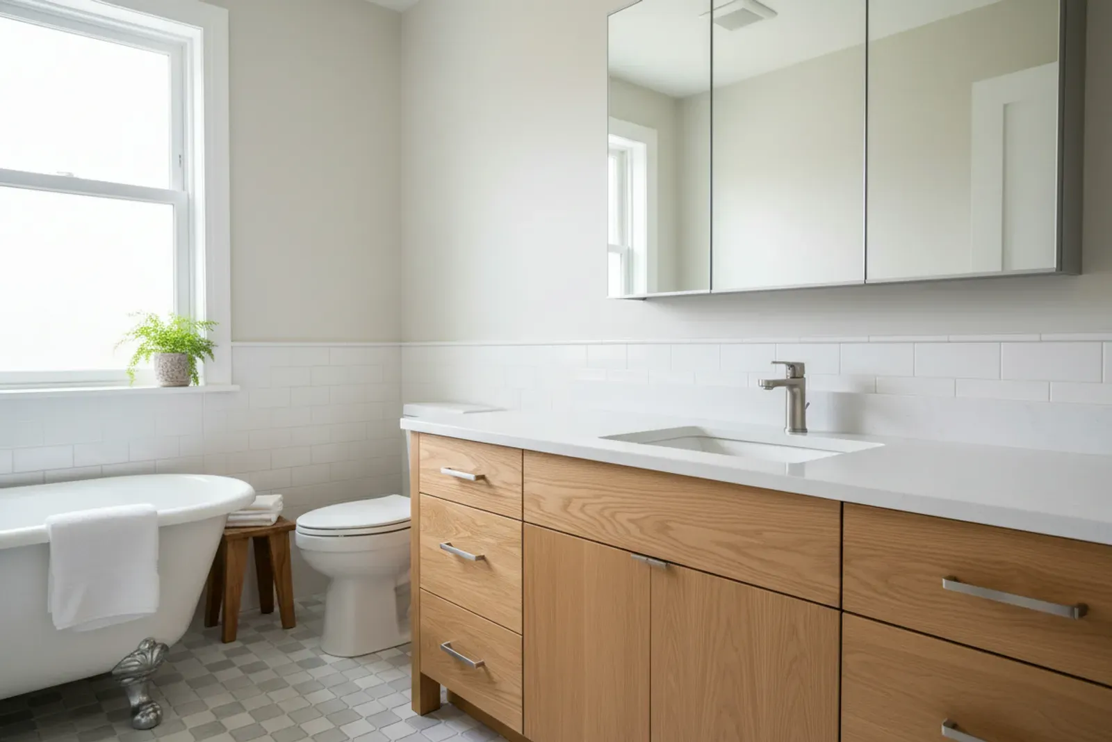 Bathroom with a recessed mirrored medicine cabinet above the vanity