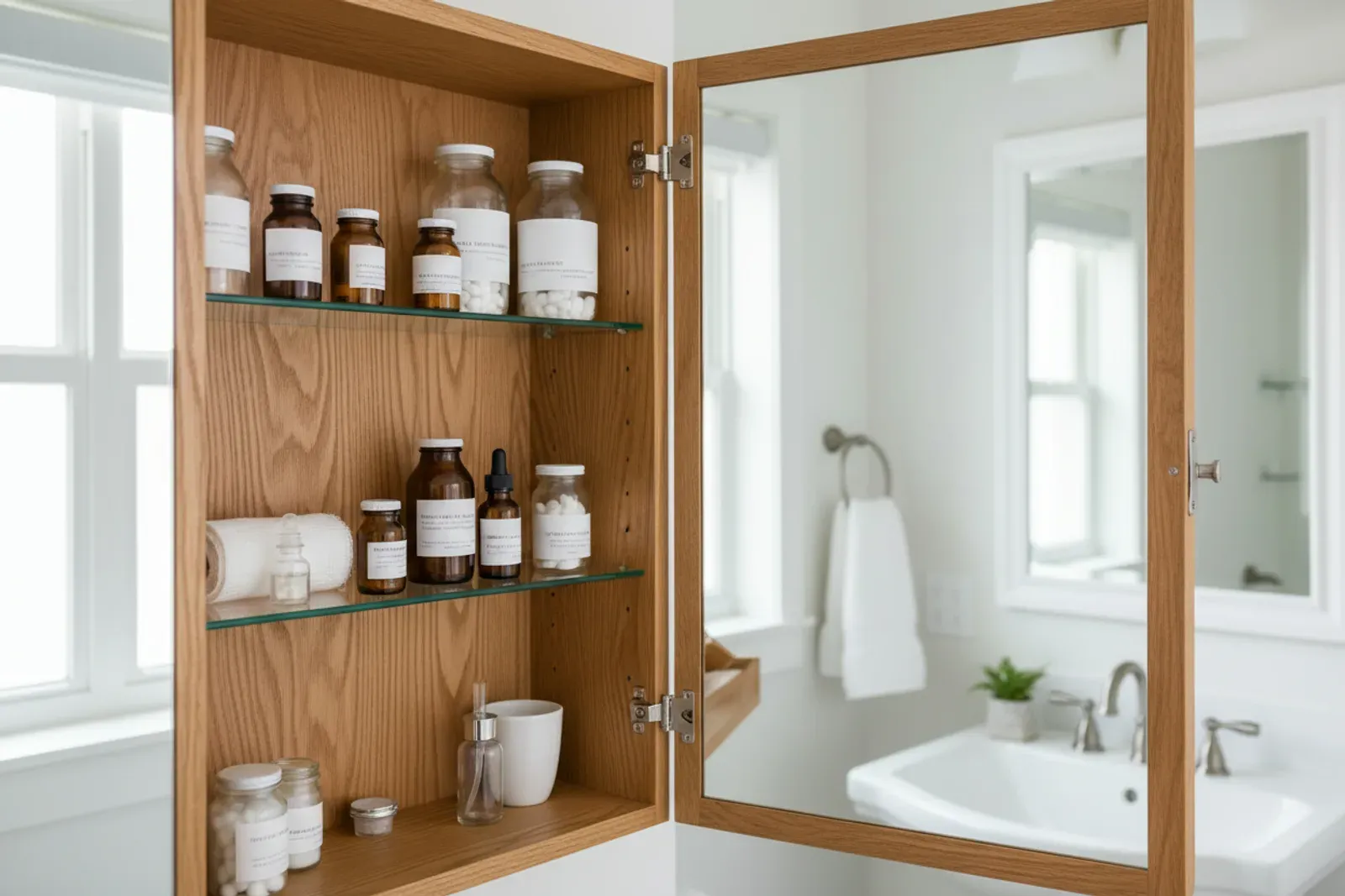 Medicine cabinet with its mirrored door open, glass shelves inside