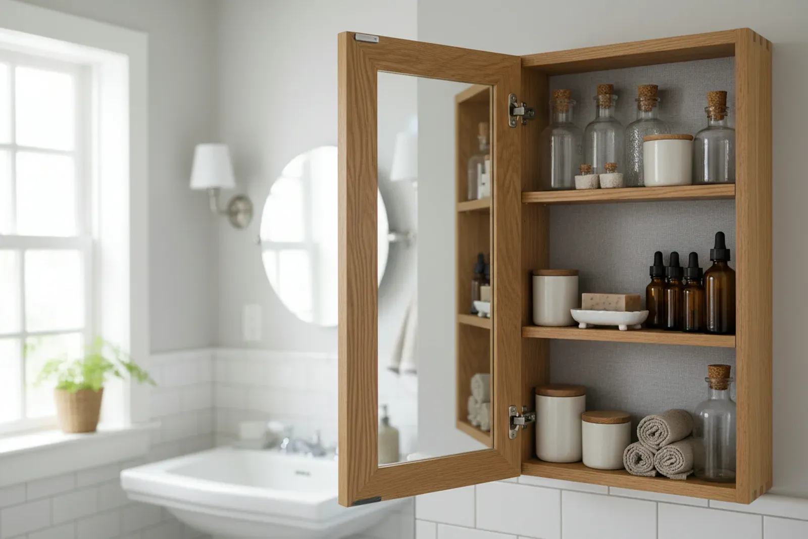 Surface mounted medicine cabinet with a wood frame