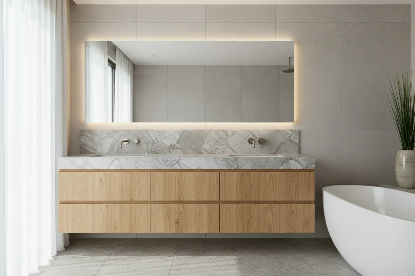 Bathroom with a custom wood vanity, stone top and a mirror above it