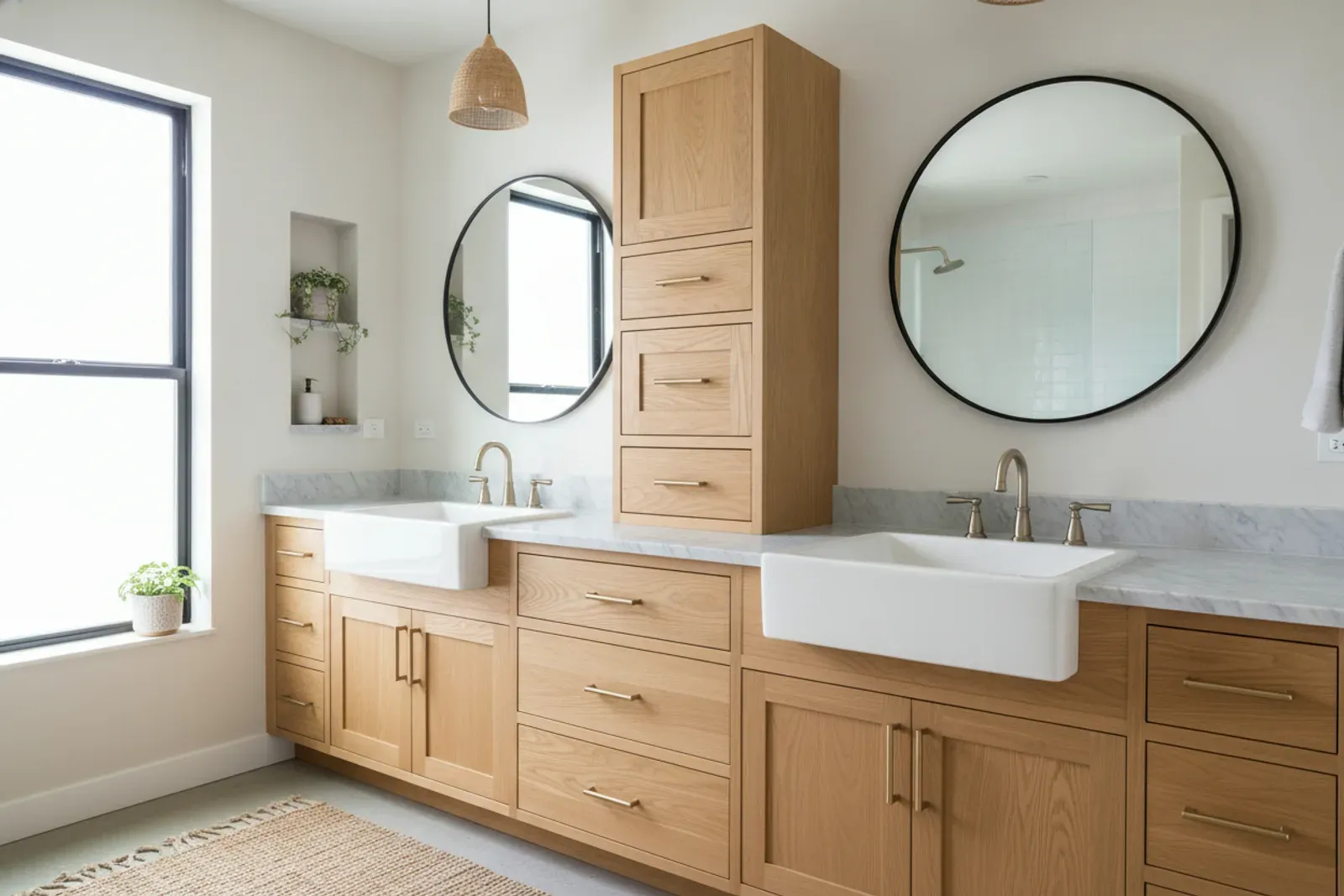 Double vanity with two sinks and a bank of drawers between them