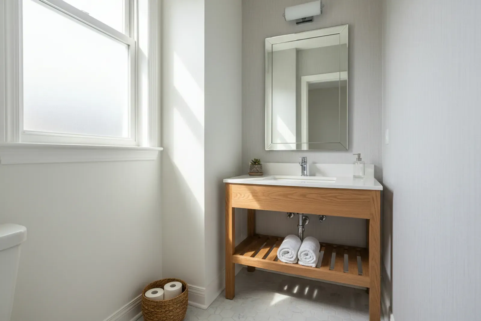 Small powder room vanity fitted into a narrow wall