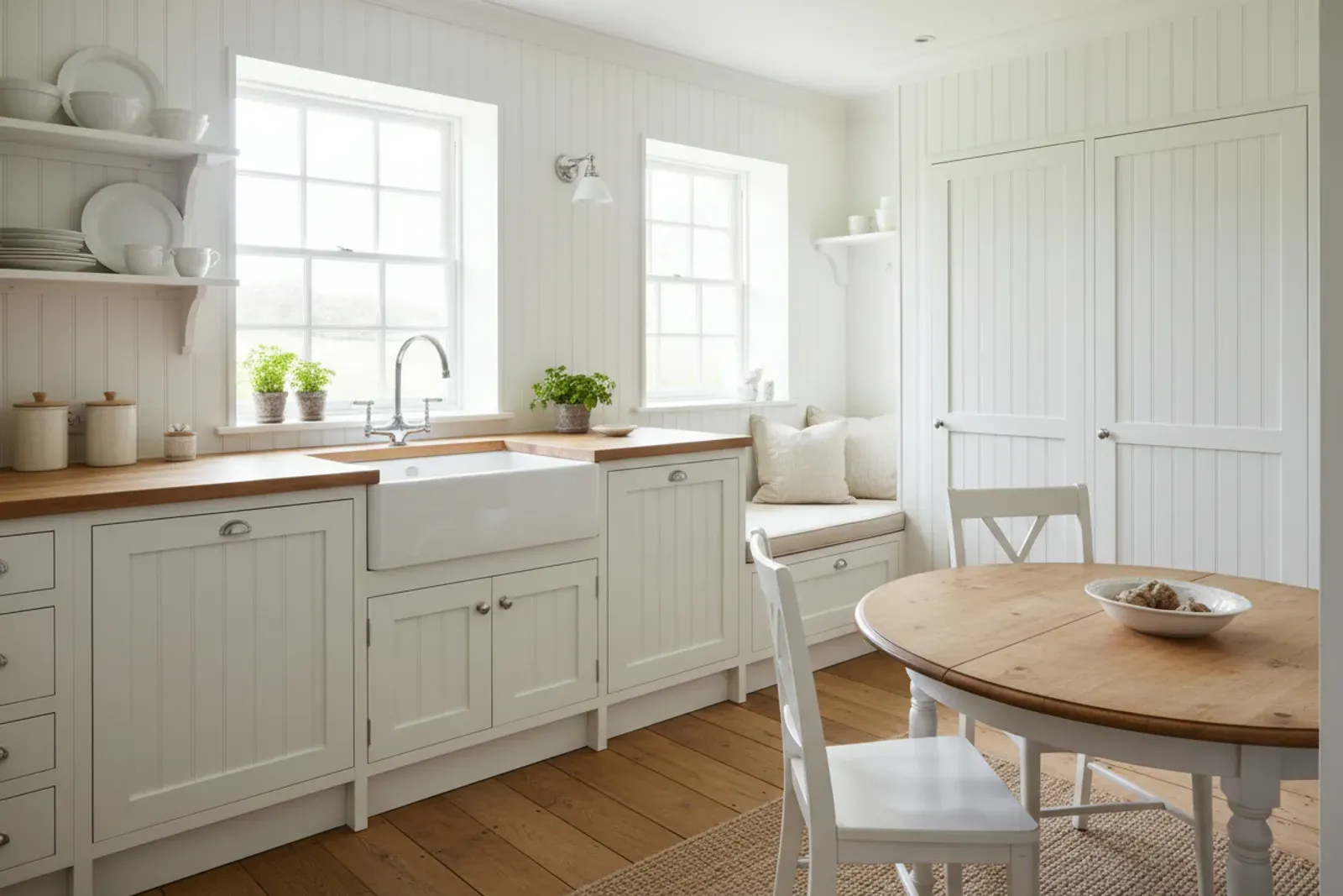Cottage kitchen with beadboard panelled cabinet doors painted white