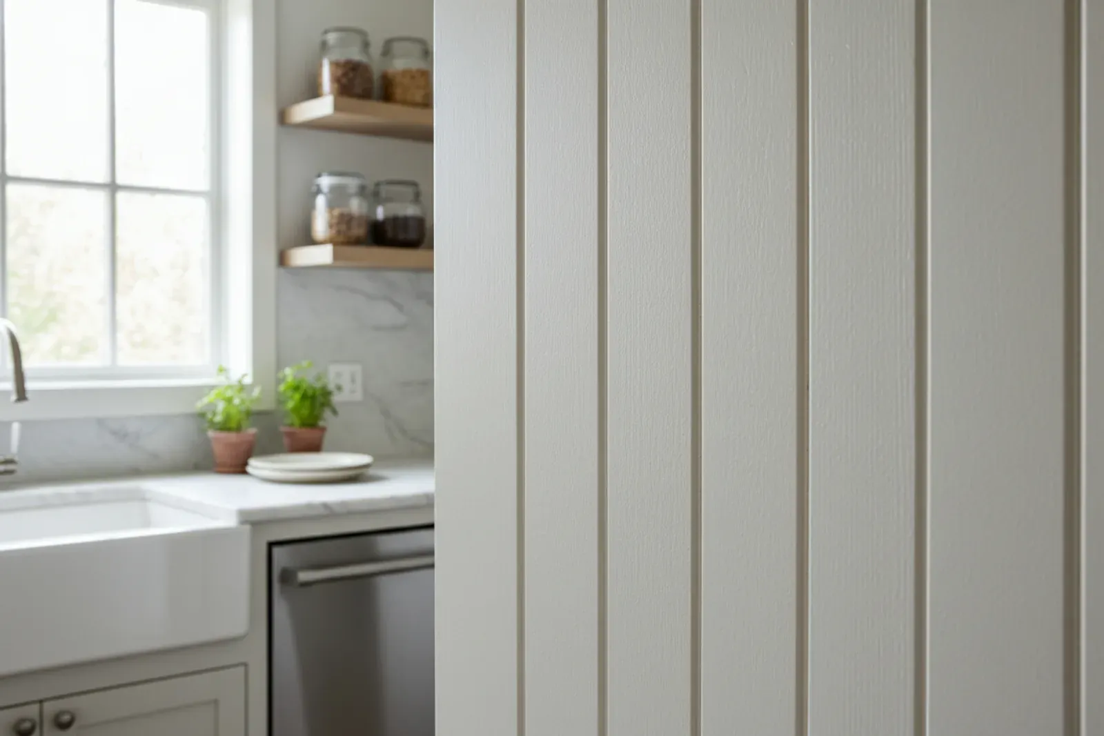 Beadboard cabinet door showing the bead spacing