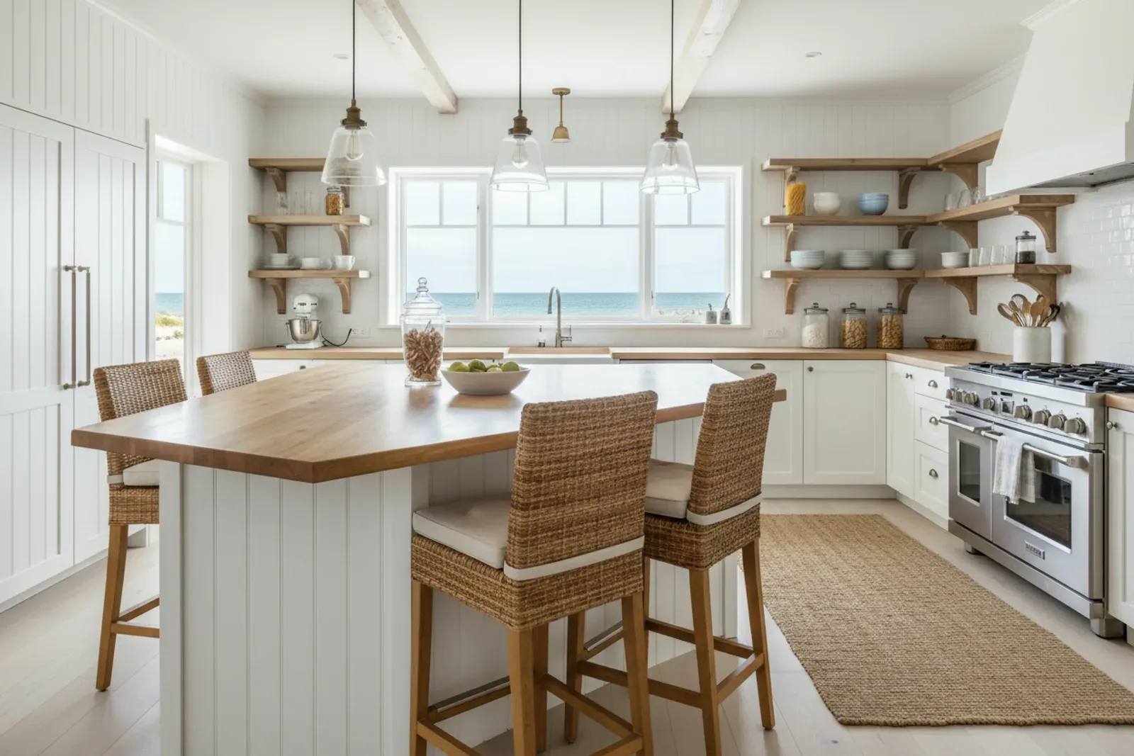 Beadboard island in a coastal kitchen