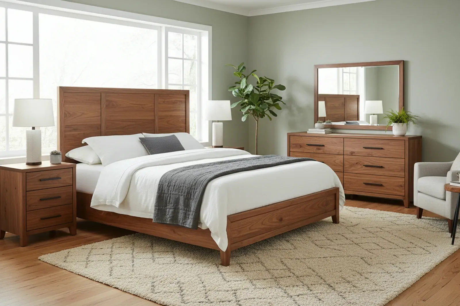Bedroom with a solid walnut bed, matching nightstands and a dresser
