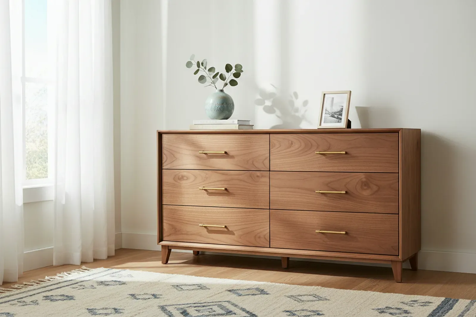 Walnut dresser with brass pulls against a bright wall