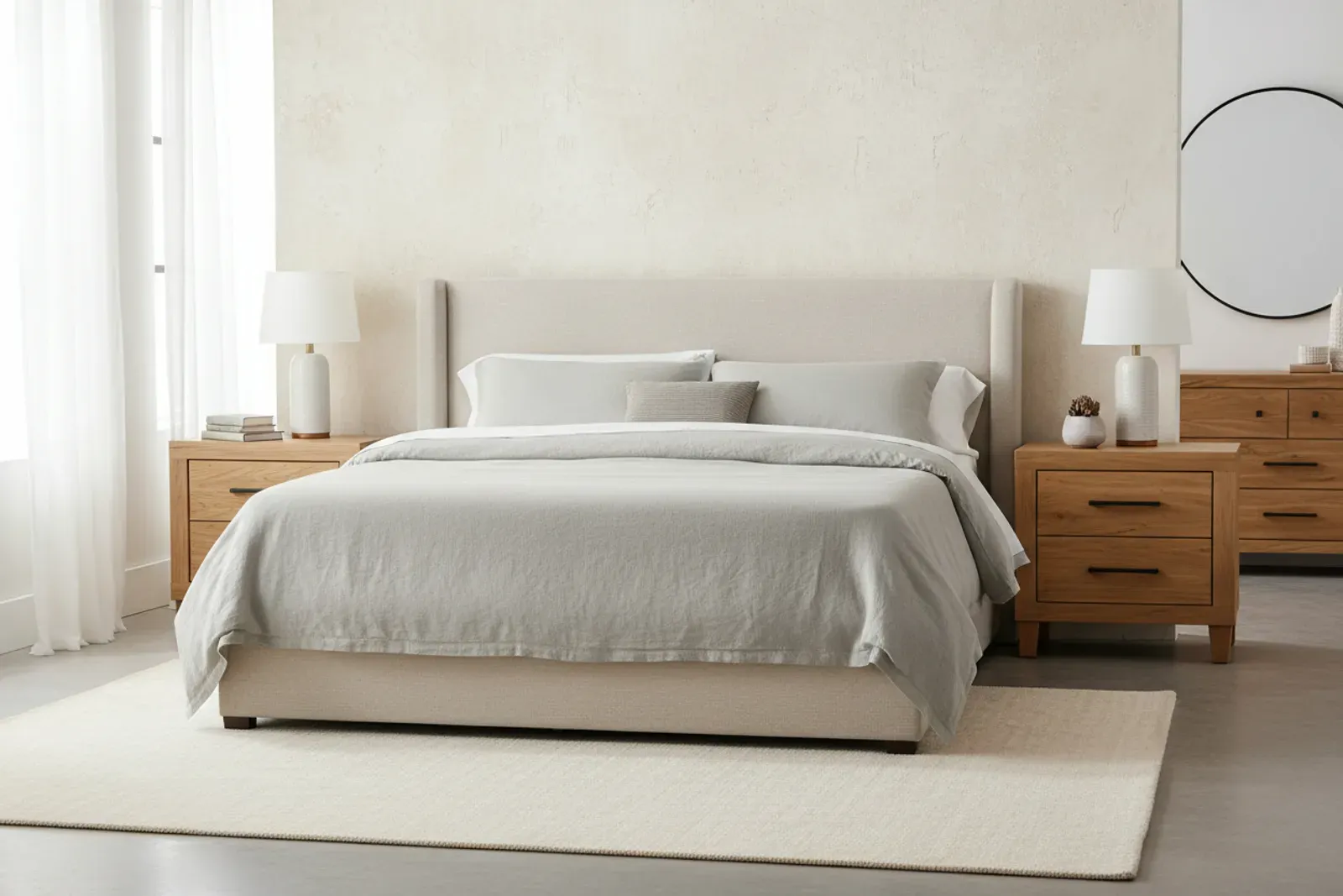 Pair of oak nightstands either side of an upholstered bed