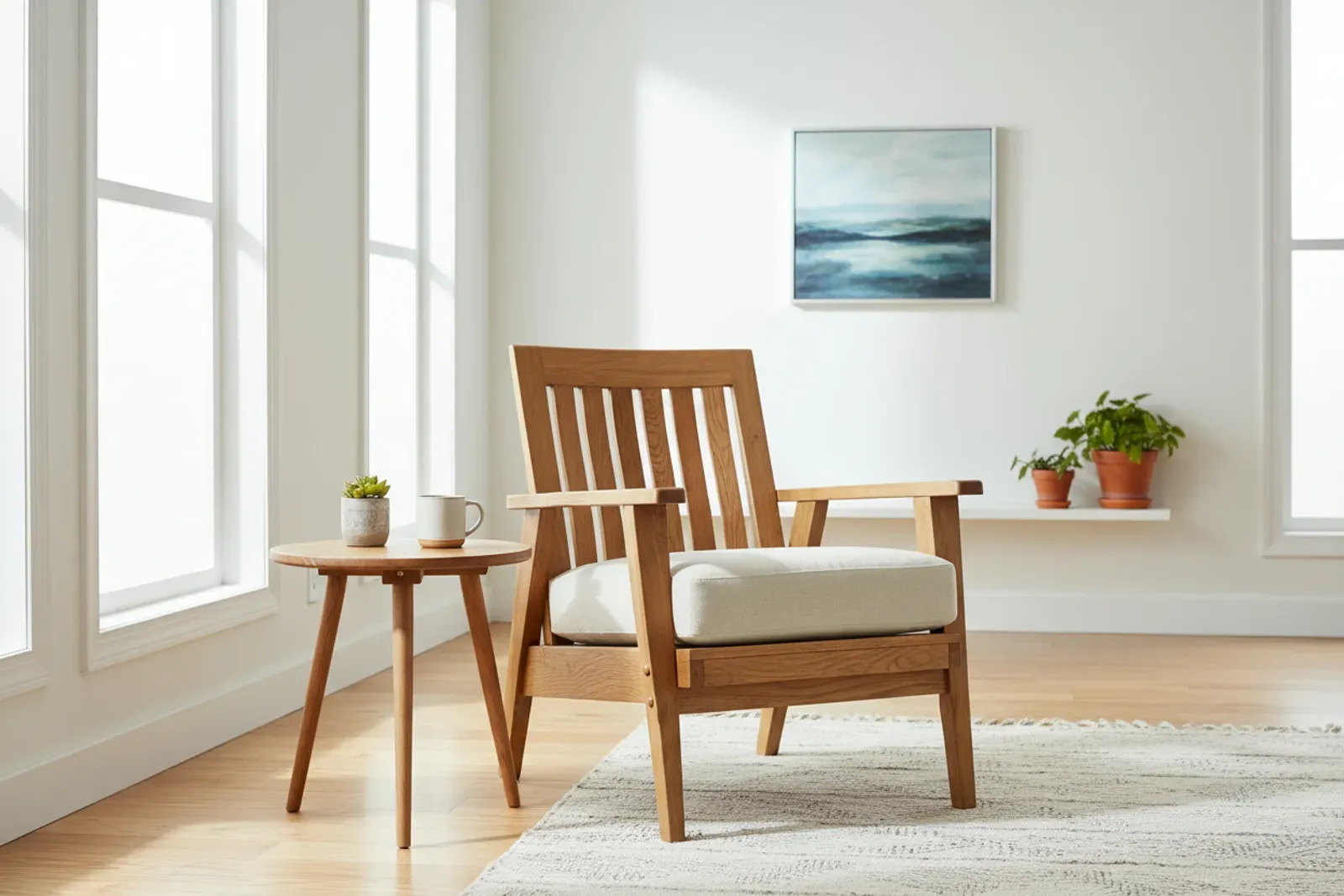 Handmade wooden armchair and side table in a bright airy room