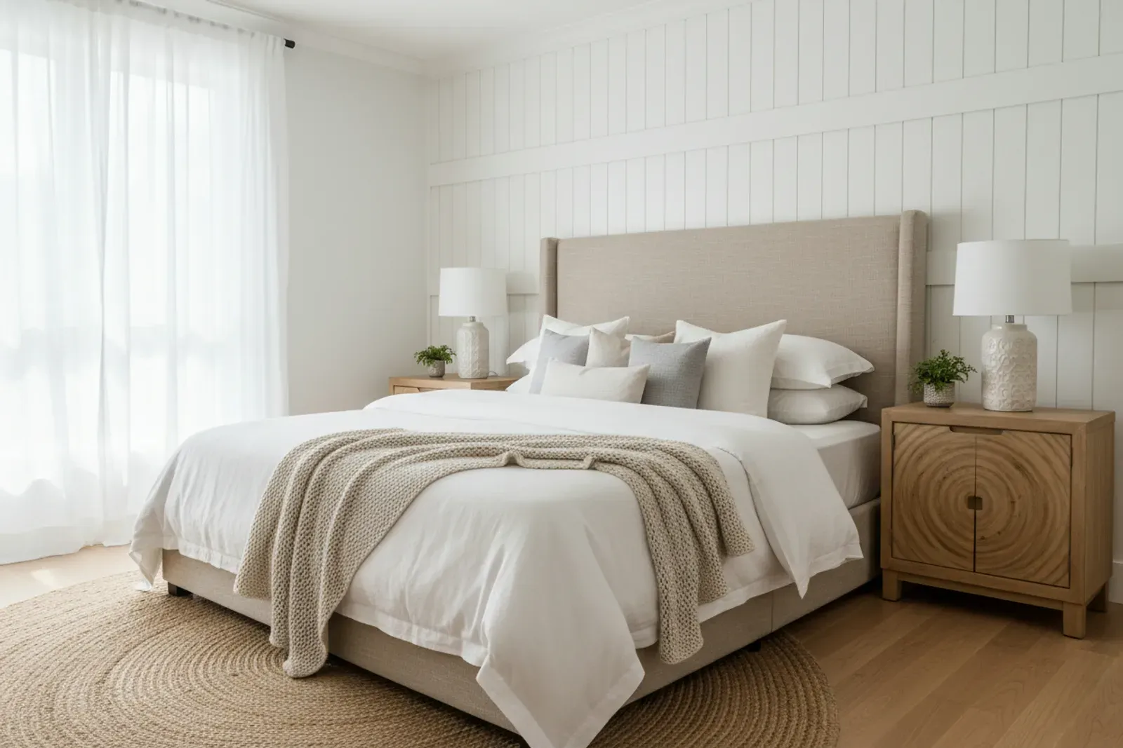 Bedroom wall of white board and batten panelling behind a bed
