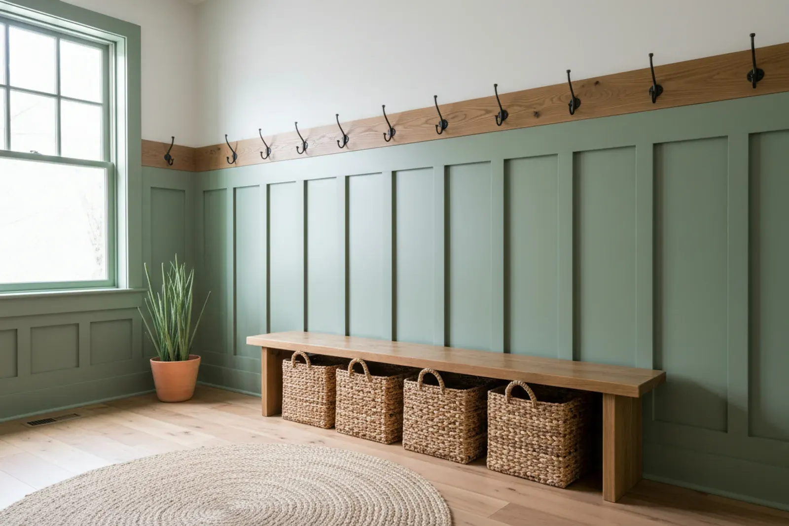 Entry hall of sage green board and batten with coat hooks