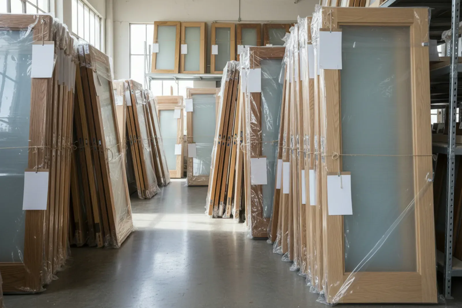Replacement doors stacked and labelled in a shop