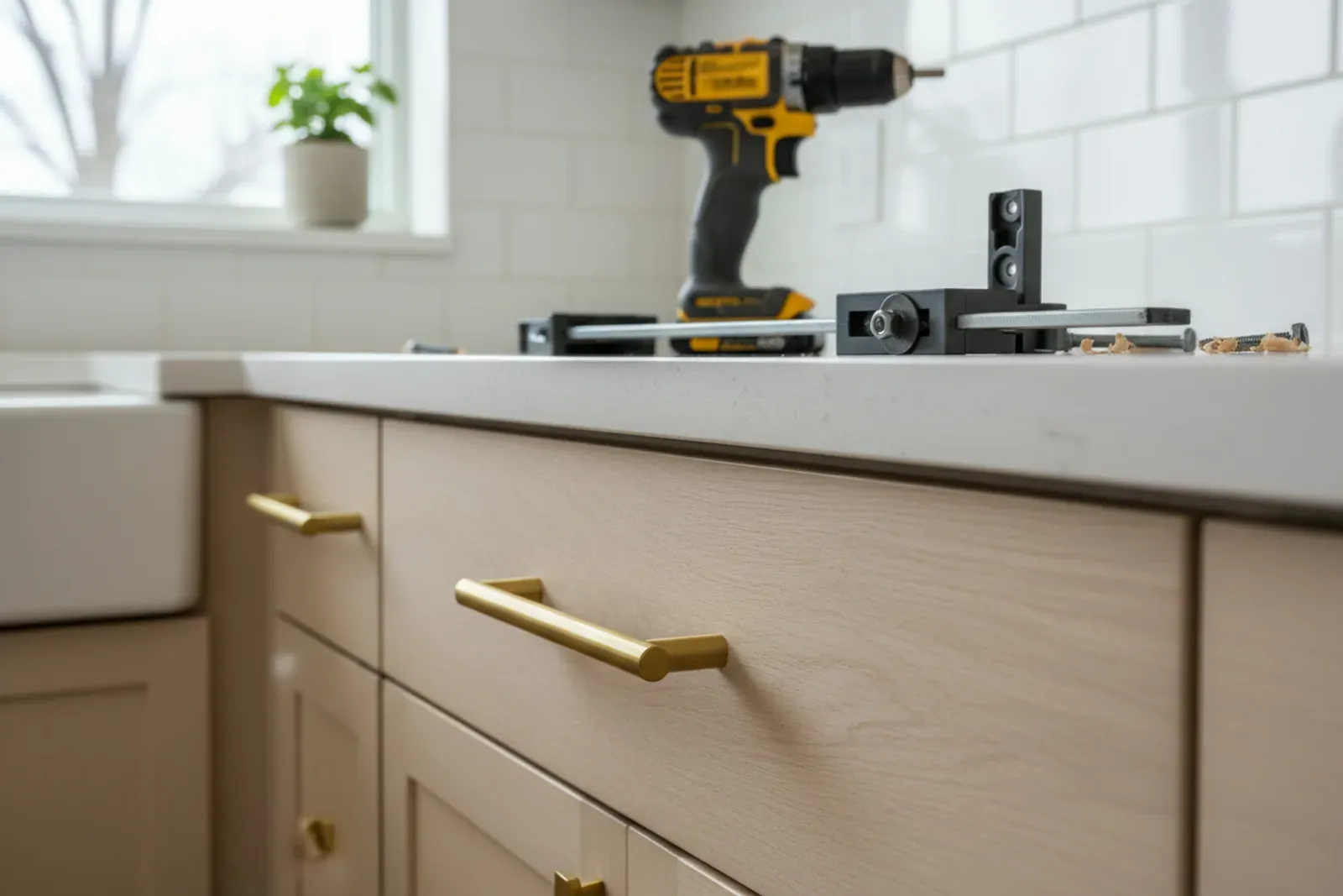 Kitchen drawer front with a brass bar pull, a drill and a jig on the counter