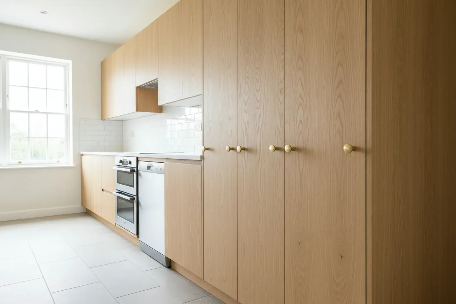 Row of cabinet doors with matching knobs newly fitted