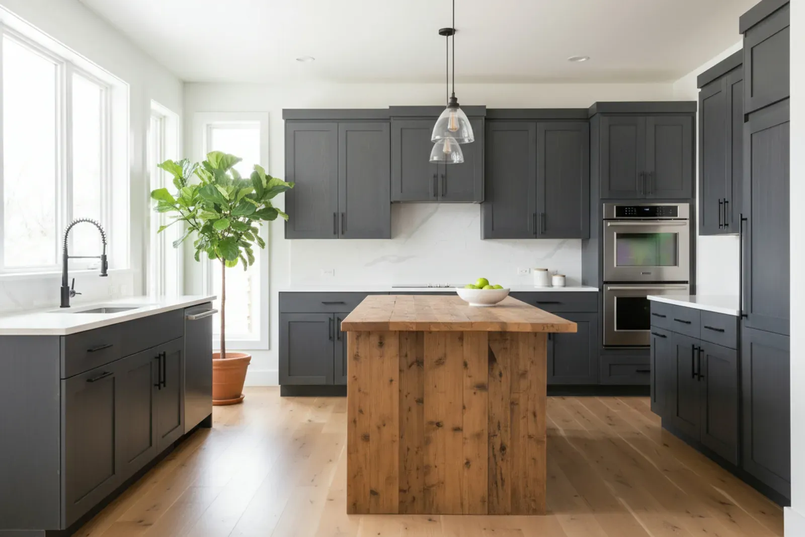 Kitchen with black pulls against painted cabinet doors