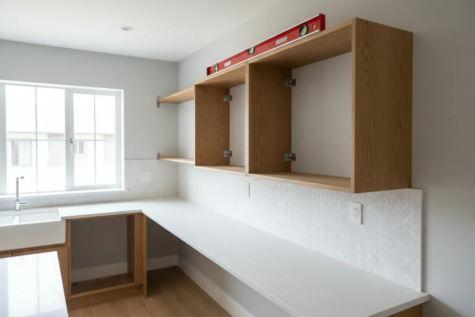 New upper kitchen cabinets being set against a wall with a level on them