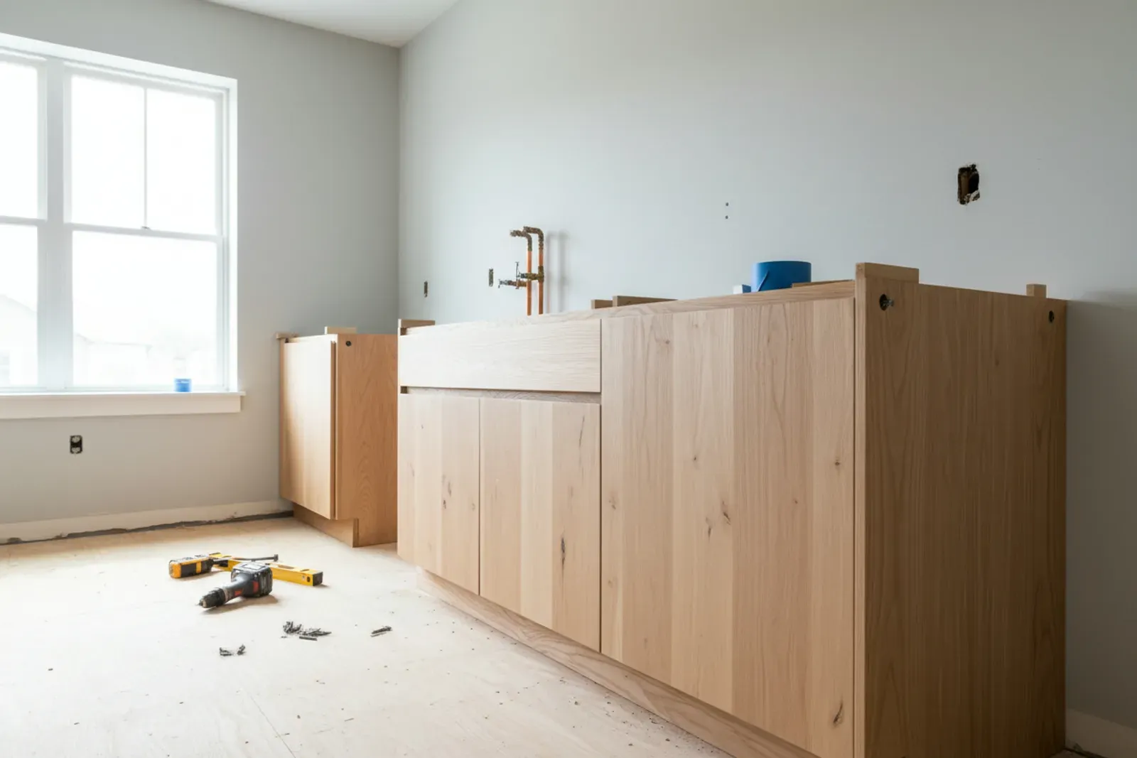 Base cabinets shimmed and screwed to a wall before the counter goes on