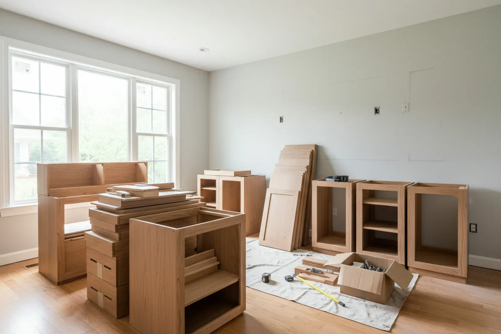 Cabinet boxes stacked in a room waiting to be hung