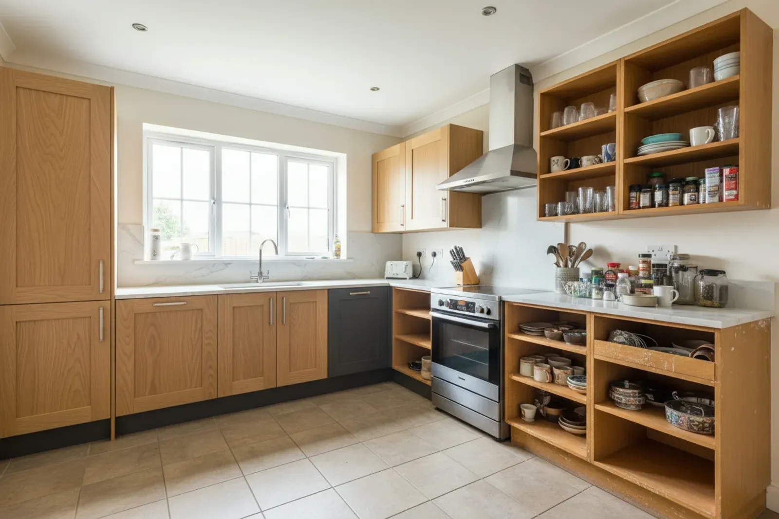 Kitchen half refaced, new doors against the older boxes behind