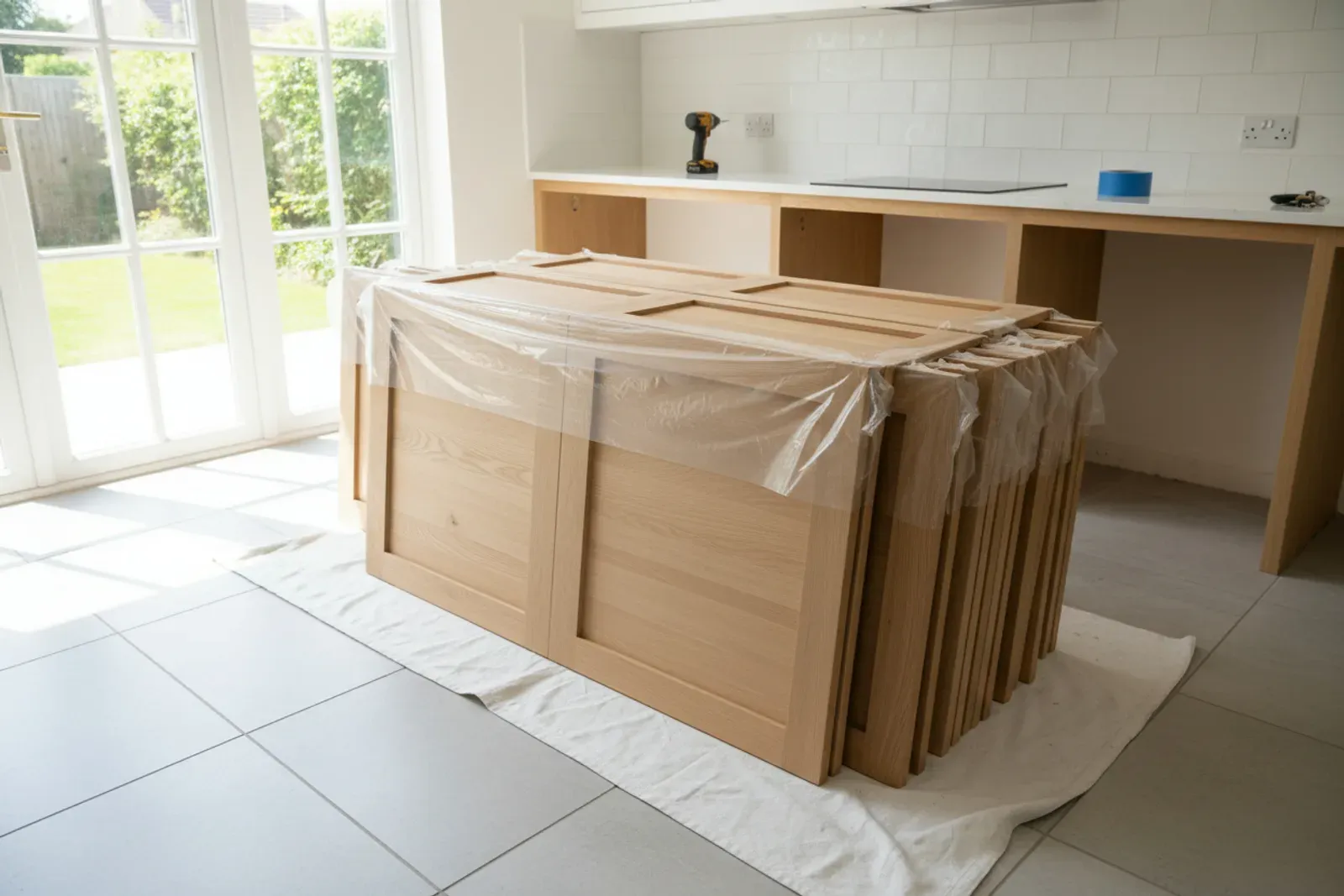 Stack of new cabinet doors ready to be hung