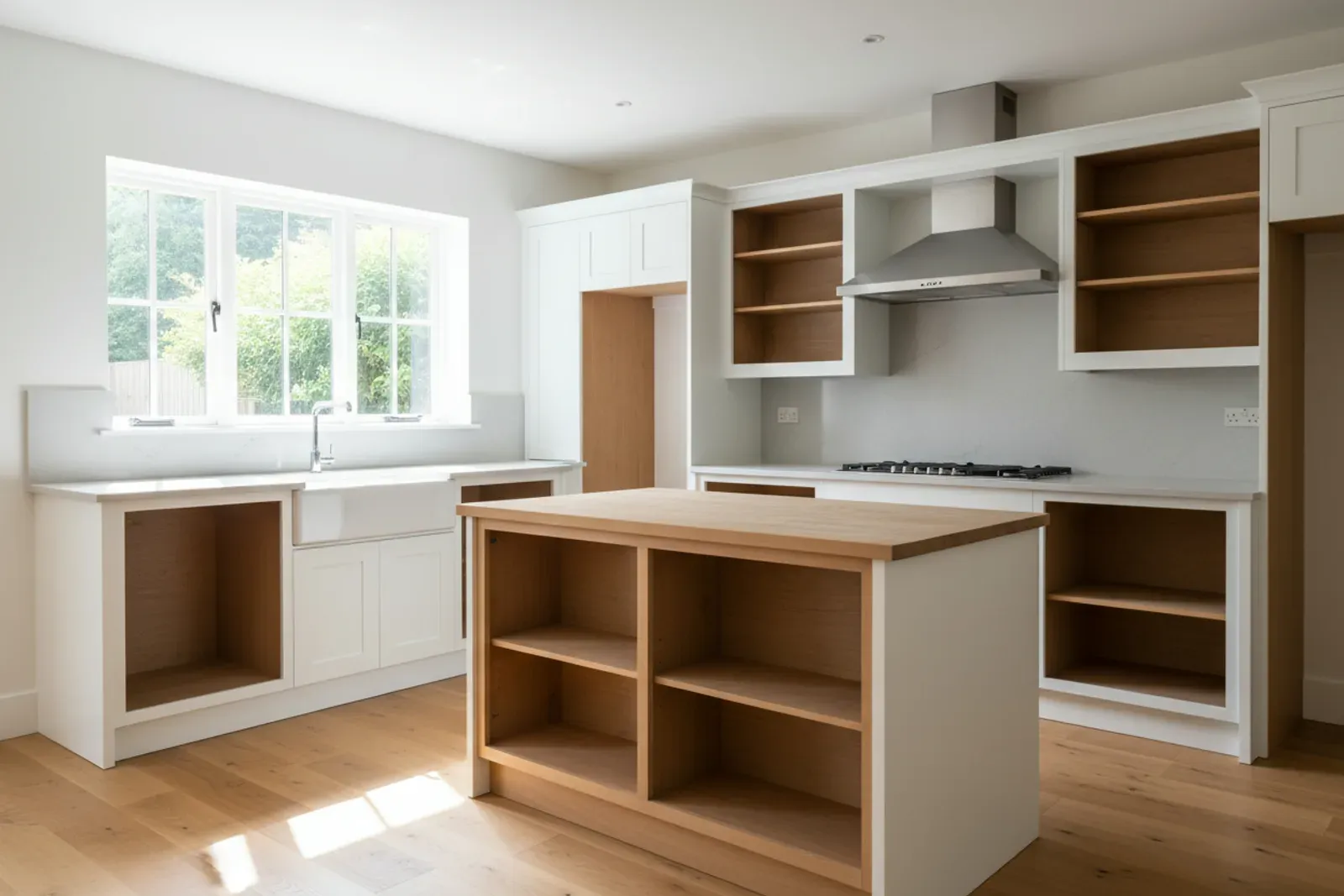 Kitchen with cabinet doors off and a freshly sprayed painted finish