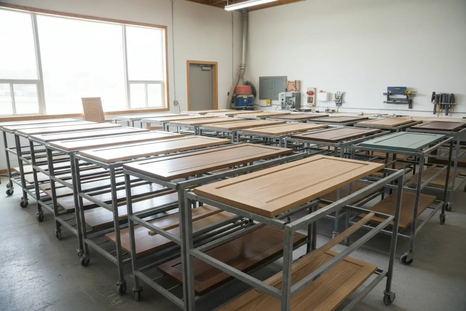 Cabinet doors laid out on racks after spraying