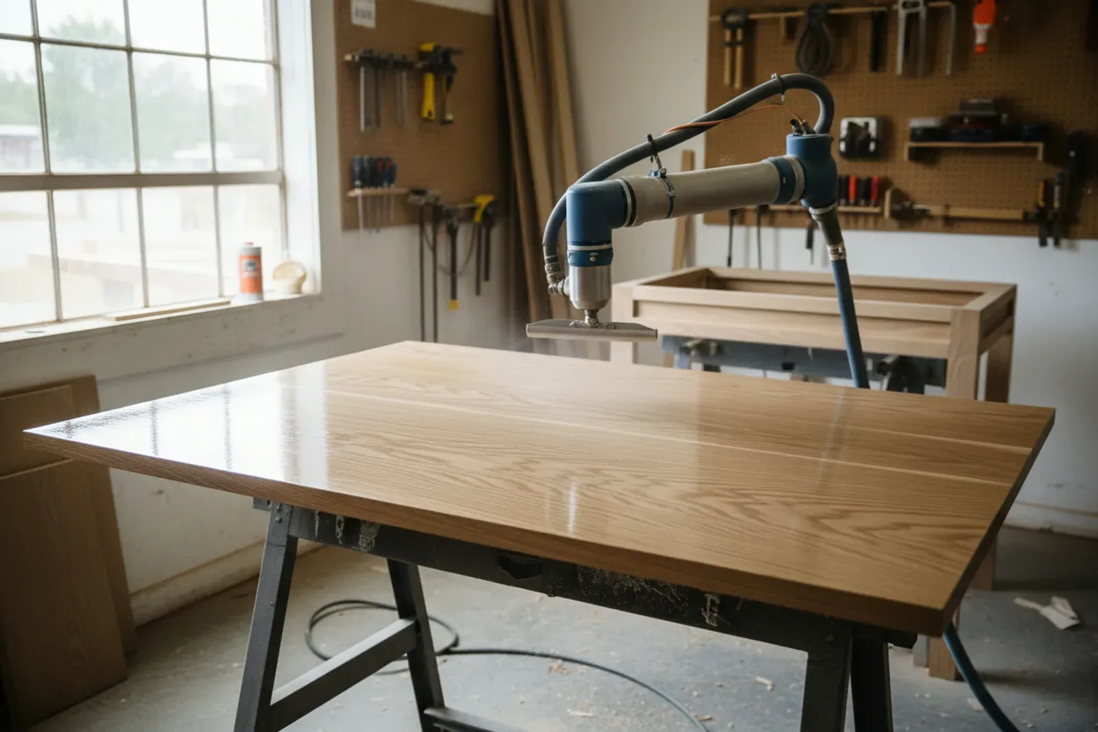Sprayer laying finish on a cabinet door in a shop
