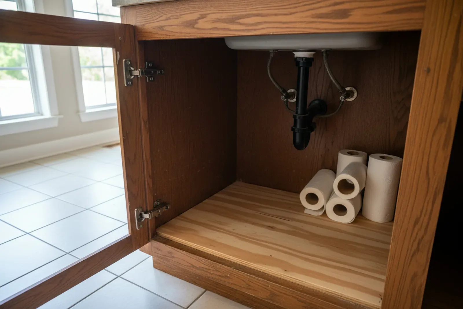 Open sink base cabinet with a repaired floor panel and new hinges