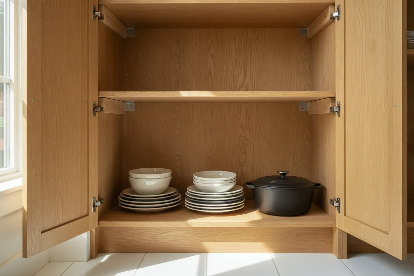 Repaired cabinet shelf that had been sagging under weight