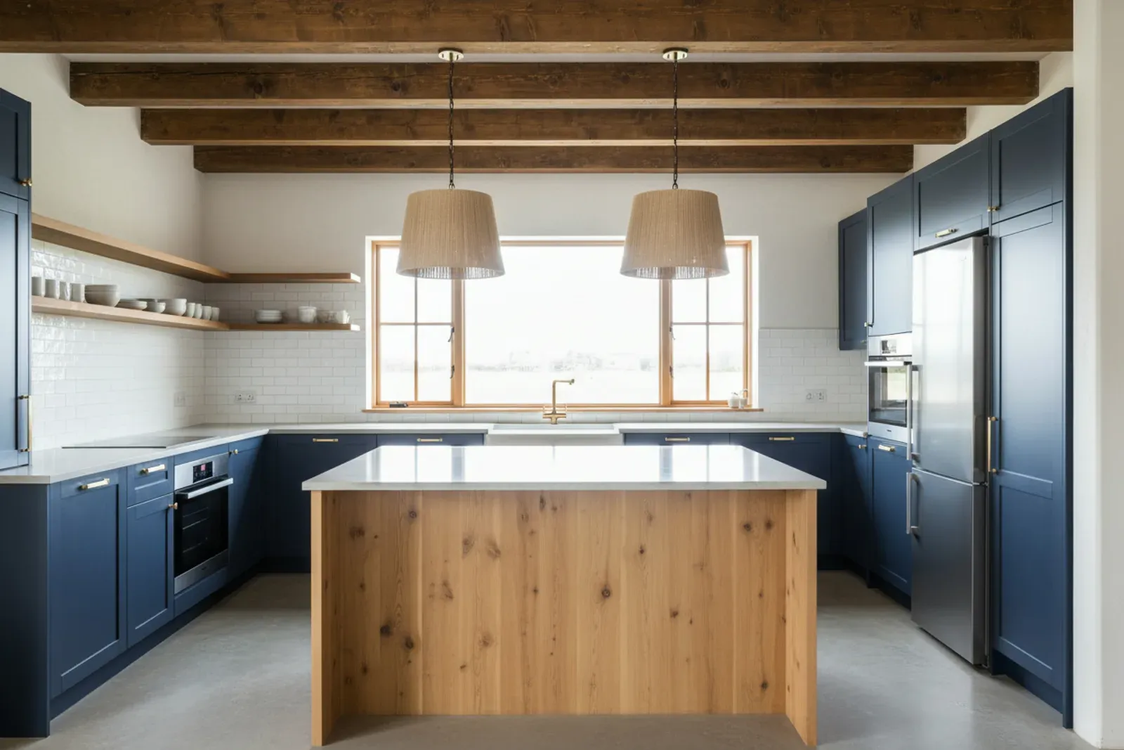 Kitchen with dark timber beams above a large island